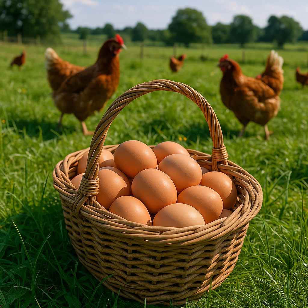 Eggs in a basket with hens on pasture
