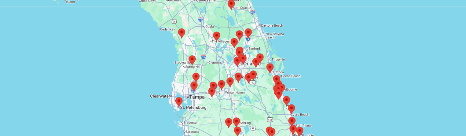 A map of Florida, with red location pins indicating a farmstand.