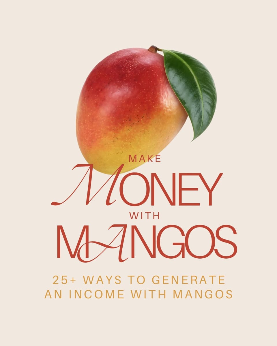 Illustrated red and yellow mango with a green leaf on a beige background promoting ways to earn income from mangoes